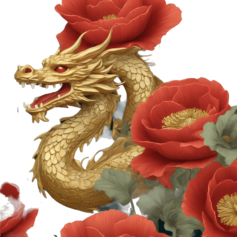 Intricate floral flower red and black and gold and jade dragon face with flowers poppies roses detailed emoji