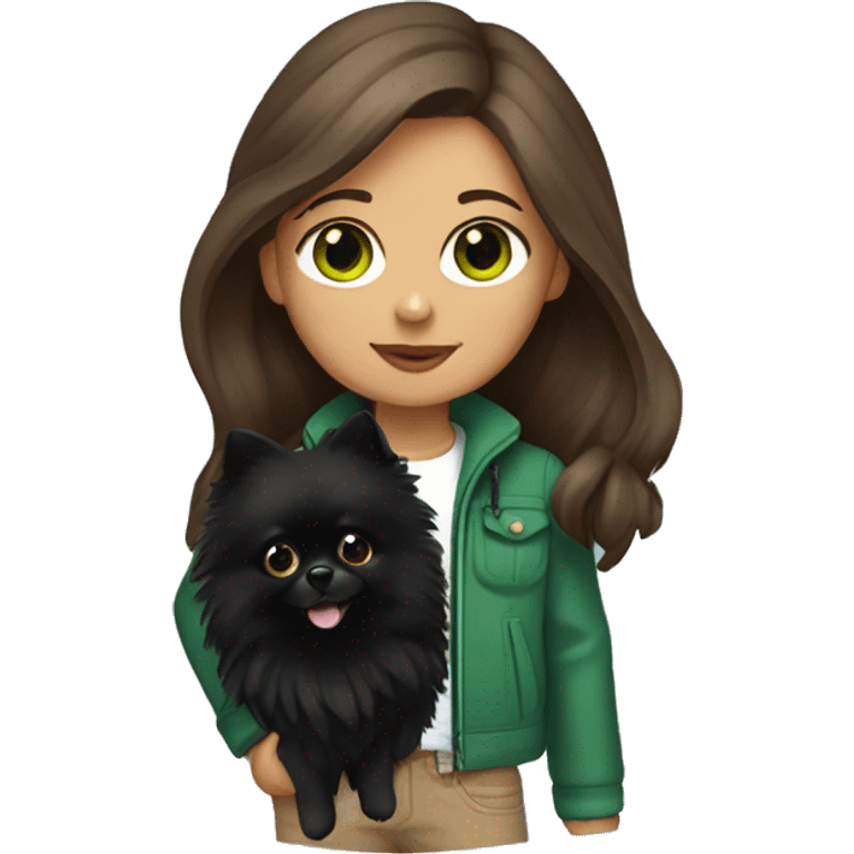 girl with brown long hair, green eyes, rad jacket holding a black Pomeranian spitz dog emoji