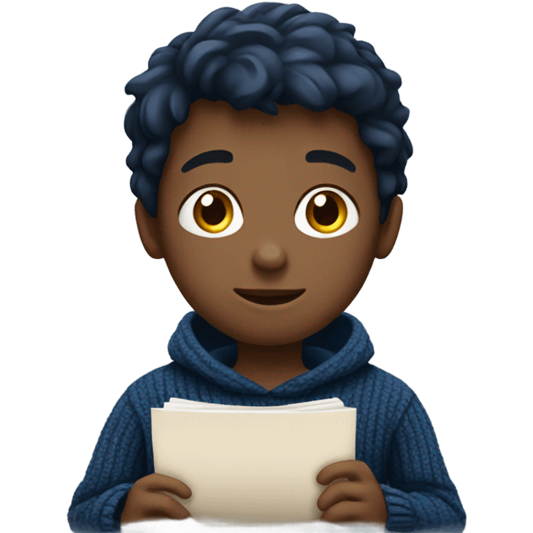 boy in a dark blue sweater doing homework emoji