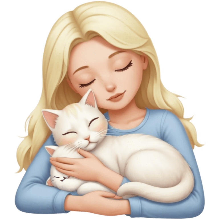 White kitty sleeping on blonde white girl's lap emoji