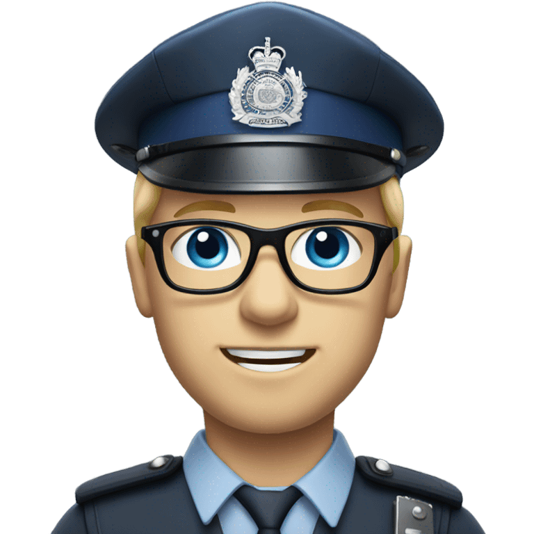 British policeman with blue eyes and helmet and blonde and glasses hair emoji