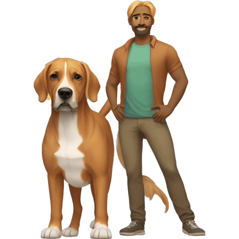 white male with long rainbow colored hair standing alongside a brown rhodesian ridgeback dog emoji