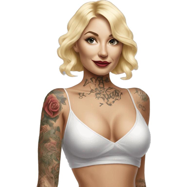 Blonde elegant women, her Body Covered with Tattoos, POINTING YOU with her ONE HAND , Hyper realistic emoji