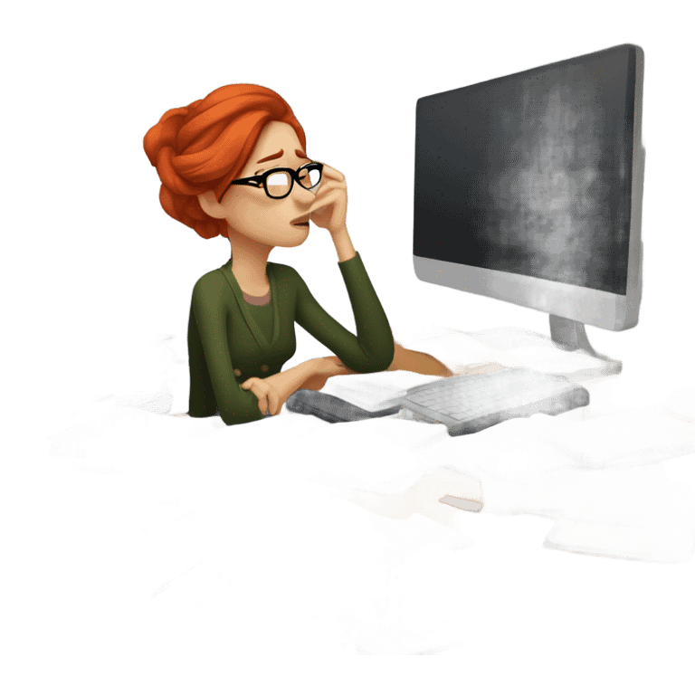 red hair woman wearing glasses sleeping frustrated desk monitor stack paper emoji