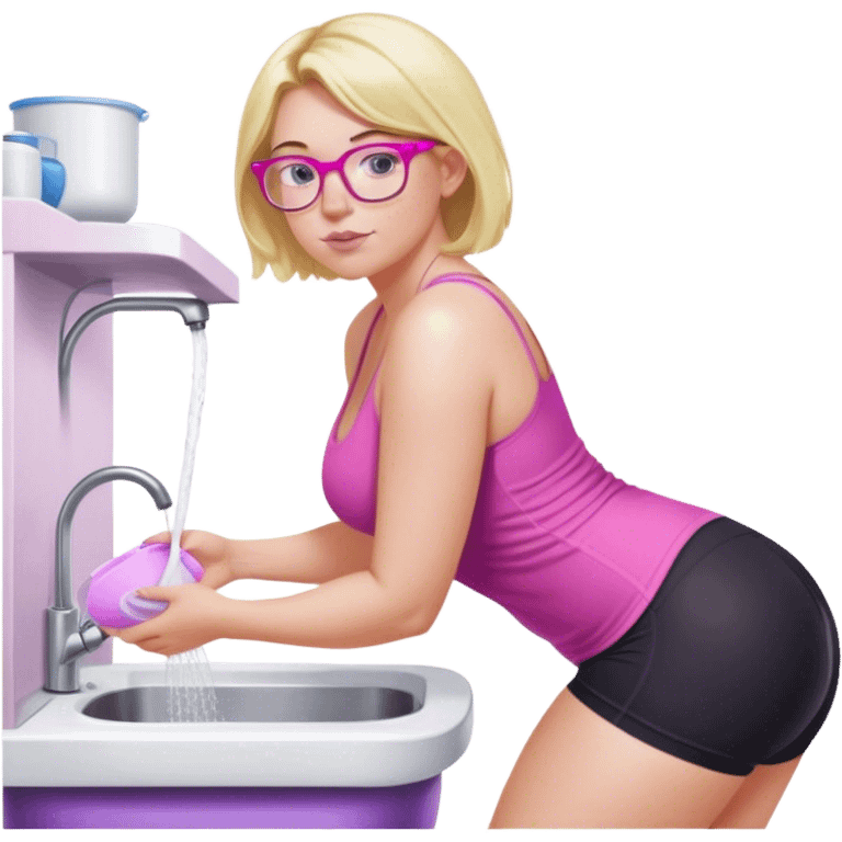 Curvy fair skinned woman, freckled skin, short blond hair, small light purple reading glasses, washing dishes, short flowing sheer hot pink tank top, without undergarments SFW, tight black yoga pants, thick booty emoji