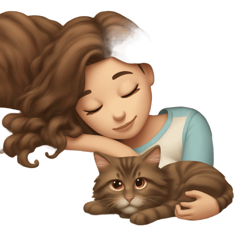 Brown-haired girl sleeping with her brown maine coon cat  emoji