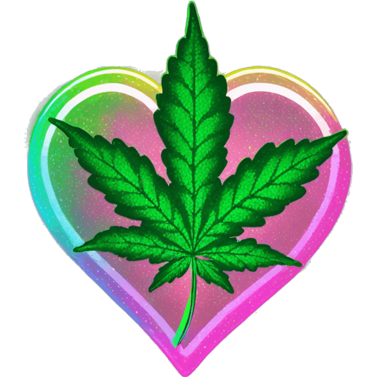 Sparkling 420 leaf hemp leaf inside a holographic neon graffiti pixel heart emoji