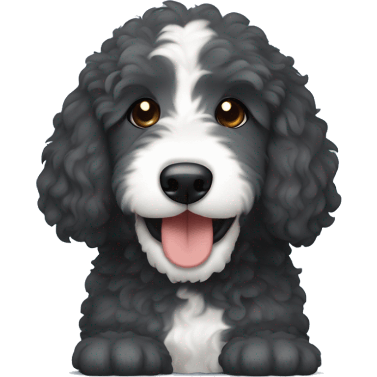 Dark grey Bernedoodle with stuffed animal in mouth, blue and brown eyes emoji