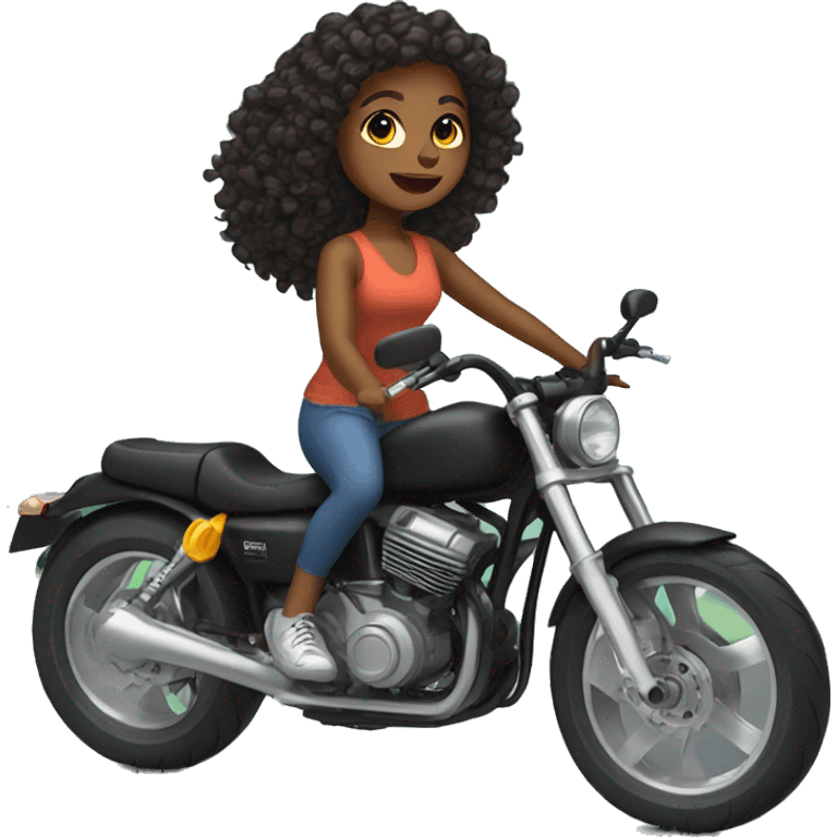 A brown skin girl with shoulder length curly black hair riding a black sports bike  emoji