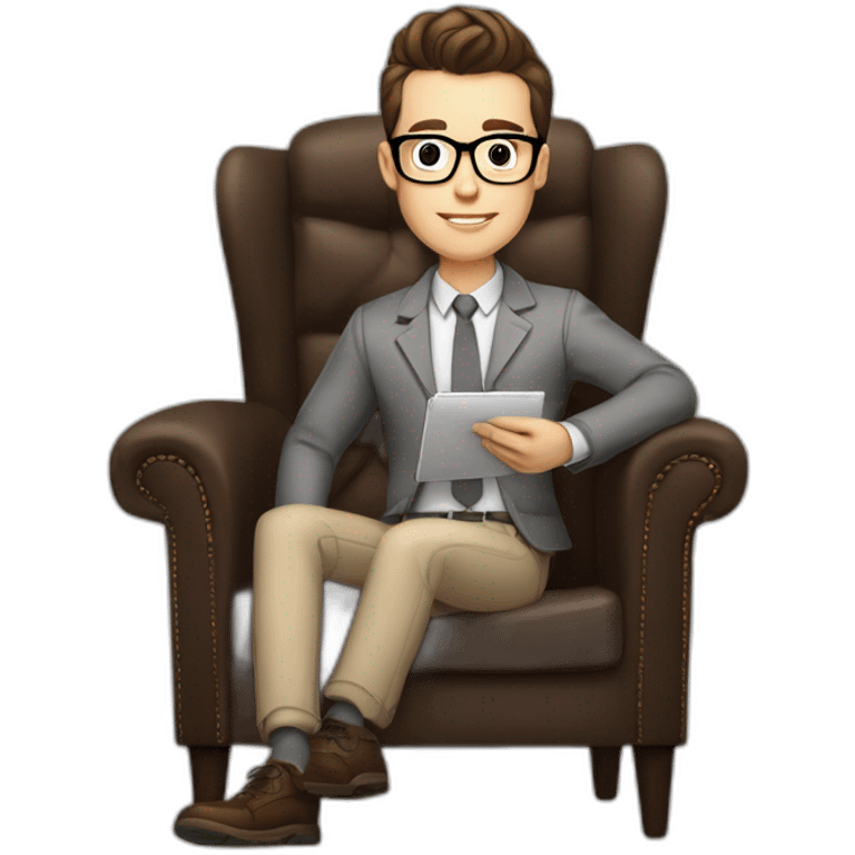 Pale skinned Fit Man With dark brown hair in gray jacket, beige office shirt, Brown pants and vintage glasses sitting In a soft chair with a notebook with emblem Ψ and a pen in his hands emoji