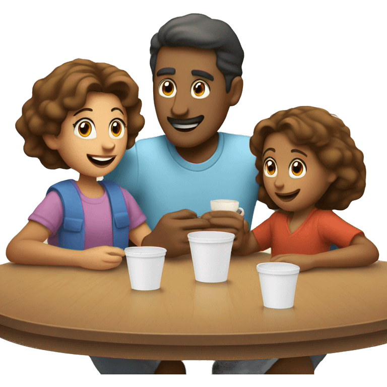 An emoji of a family—mother, father, and child—sitting at a table, playing a cup game with paper cups arranged on the table as they have fun together emoji