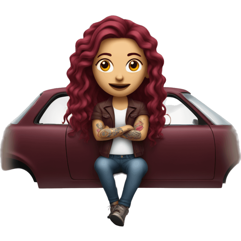 Beautiful tattooed burgundy long haired woman driving a car emoji