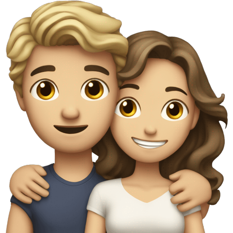 Brunette girl with wavy hair hugging blond boy lovingly couple emoji