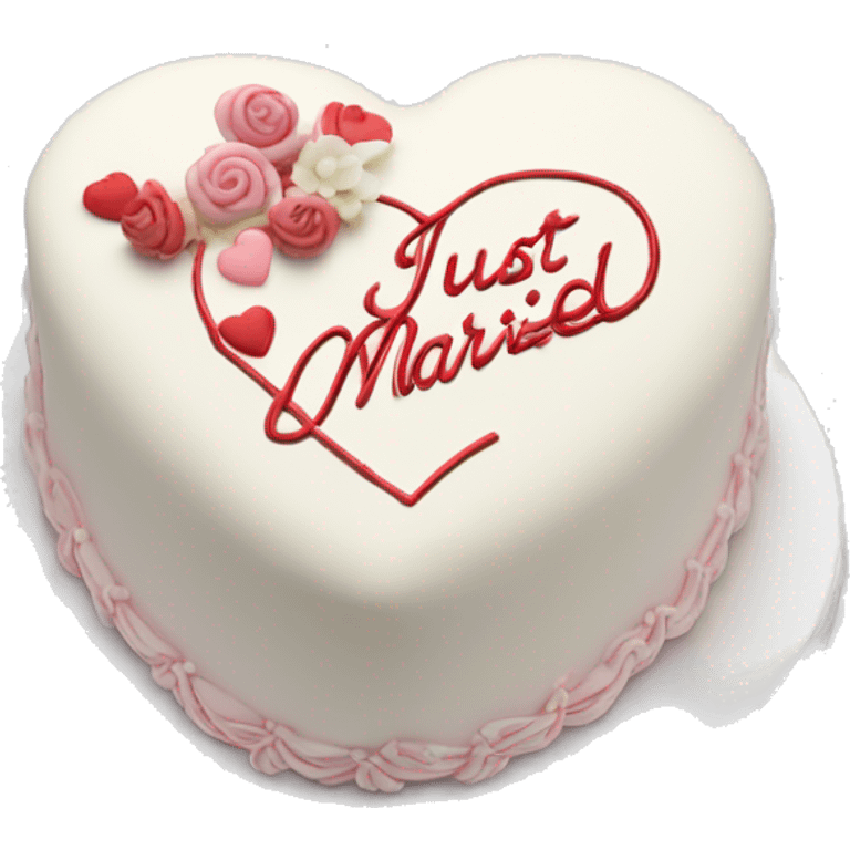 Cute heart shaped cake all cream white with “just married” in cursive on top  emoji