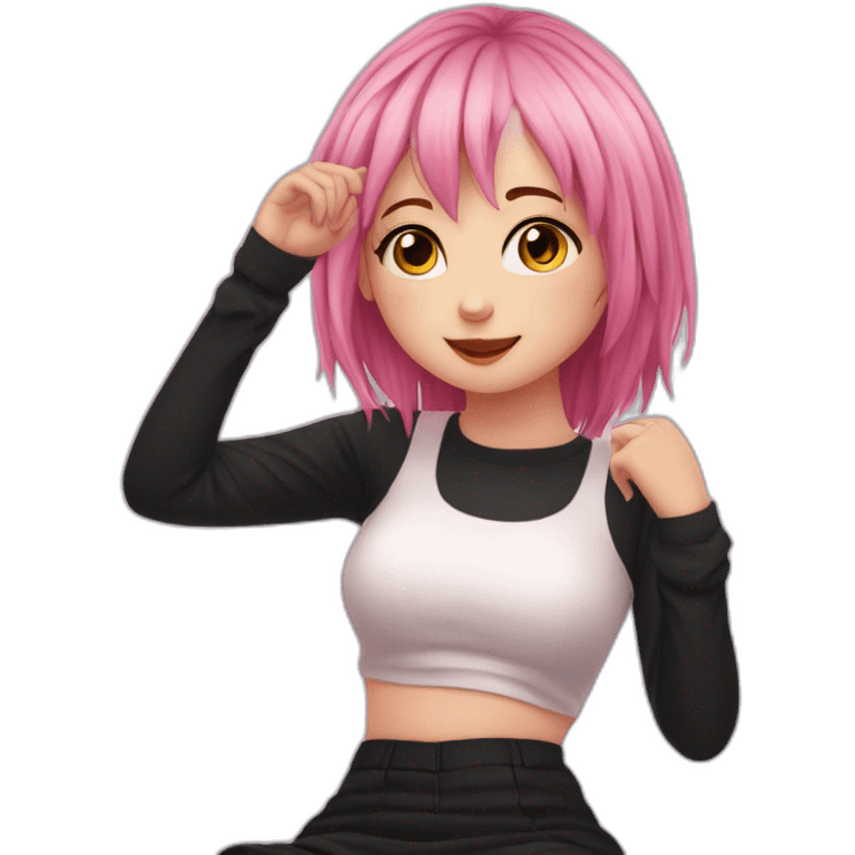 Full body Front view curvy emo girl pink hair sits on the floor straight view hands up black skirt полосатые рваные чулки emoji