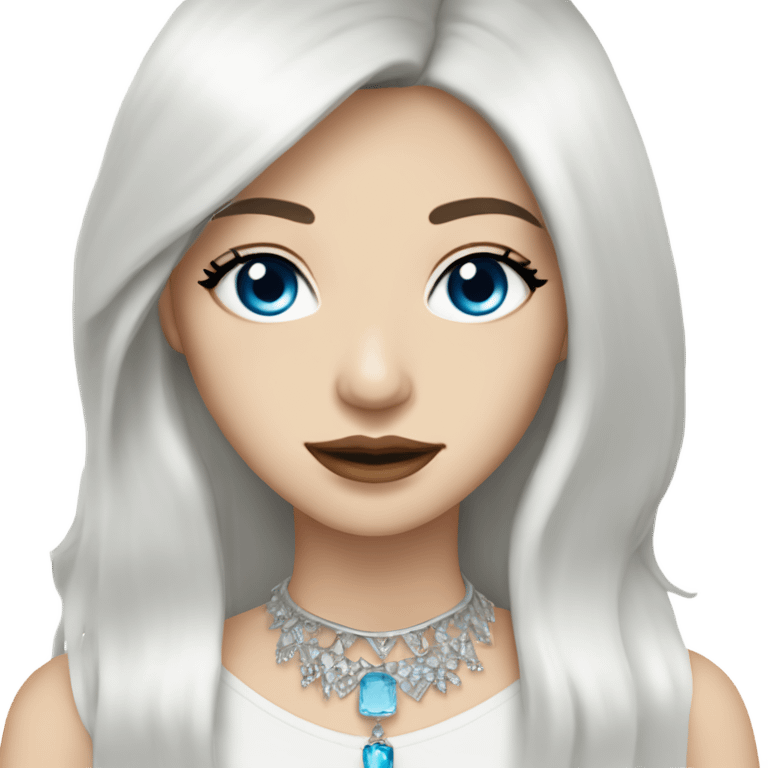 woman with pale skin, blue eyes and long dark hair with layers and fringe bangs, wearing a white top and silver jewellery emoji