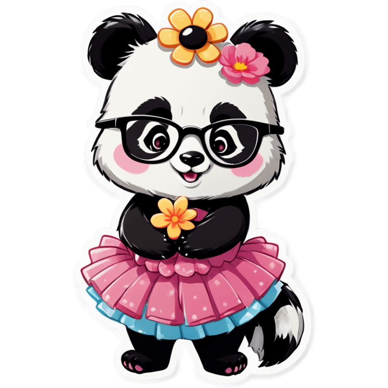  Cute female Panda wearing a tutu and glasses with a flower above 1 ear hugging a large male raccoon  emoji