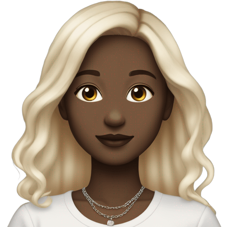 pale skinned girl with light brown to platinum blonde ombre hair and brown eyes, wearing a square neck black top and silver necklaces emoji