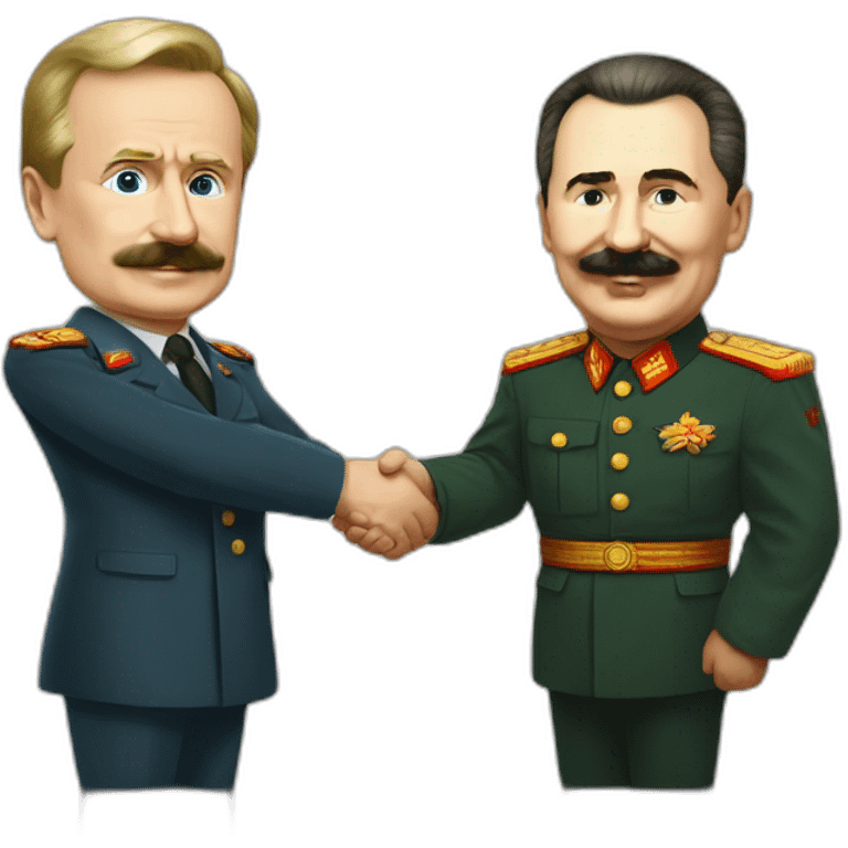 Stalin shakes Putin's hand. Putin in a suit, Stalin in a tunic emoji