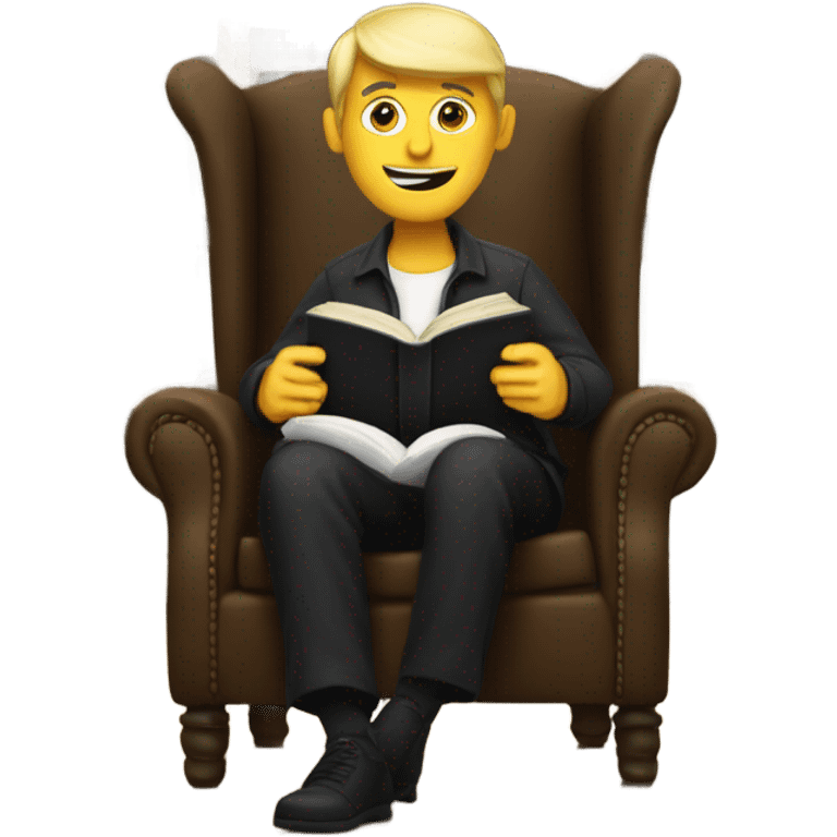 white person sitting on chair wearing black trousers  reading a book  emoji