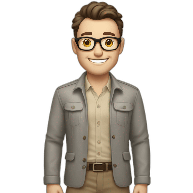 Joyful Pale skinned Fit Man With dark brown hair in gray jacket, beige office shirt, Brown pants and vintage glasses. His thrumbs up emoji