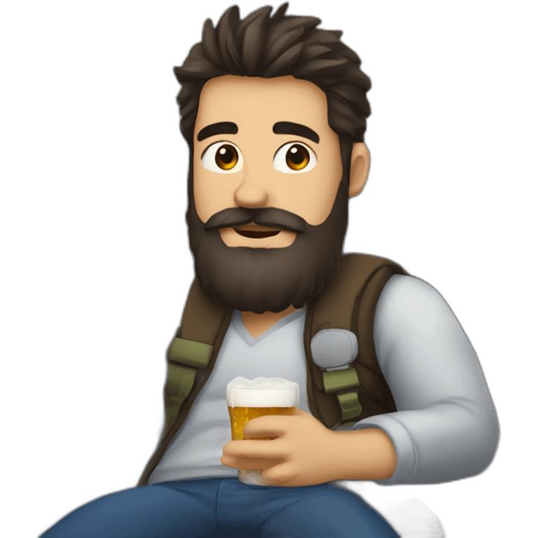 Dark hair beard man drinking beer and riding a plane emoji