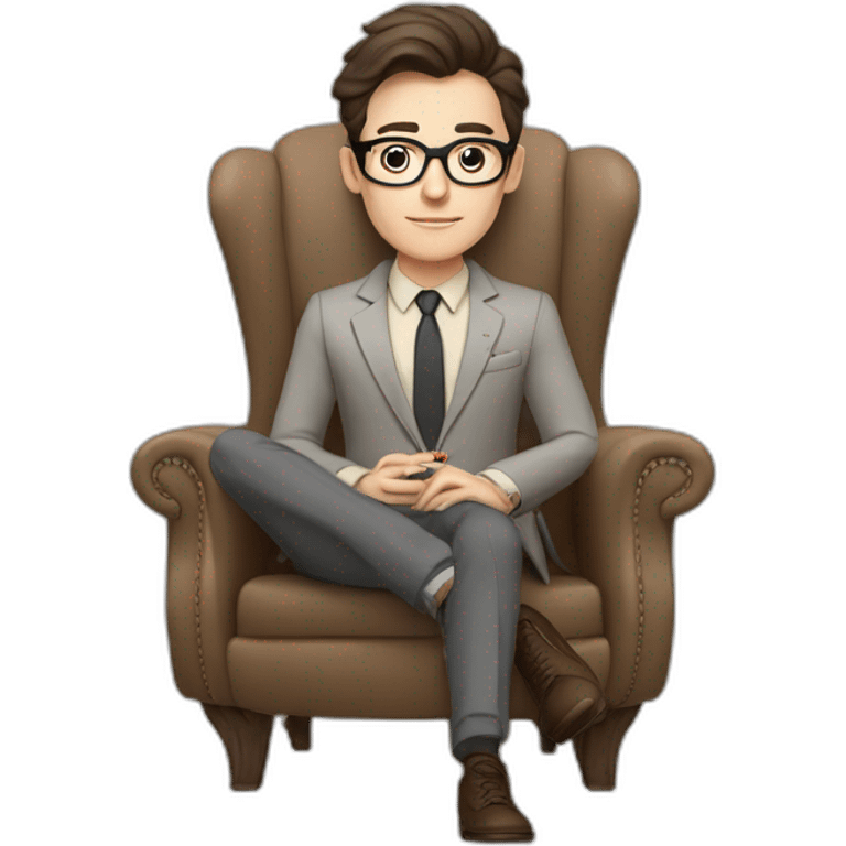 Pale skinned Fit Man With dark brown hair in gray jacket, beige office shirt, Brown pants and vintage glasses sitting In a soft chair with a notebook on spring with emblem Ψ and a pen emoji