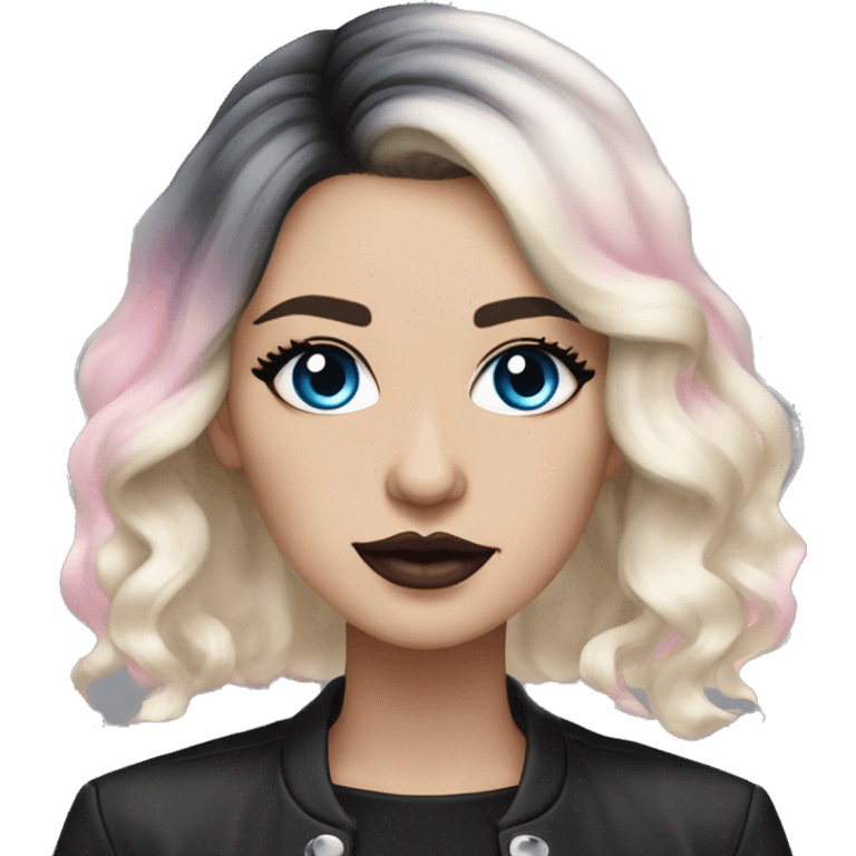 Slavic adult woman, goth eyes makeup, pink lips, blue eyes, medium bob black-to-blonde ombre wavy hair, white T-shirt and black office jacket. emoji