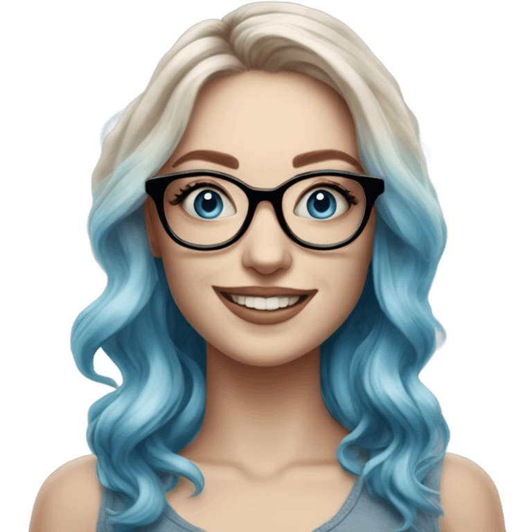 Hyper Realistic Balayage pale beautiful tattooed woman with glasses and blue eyes happy  emoji