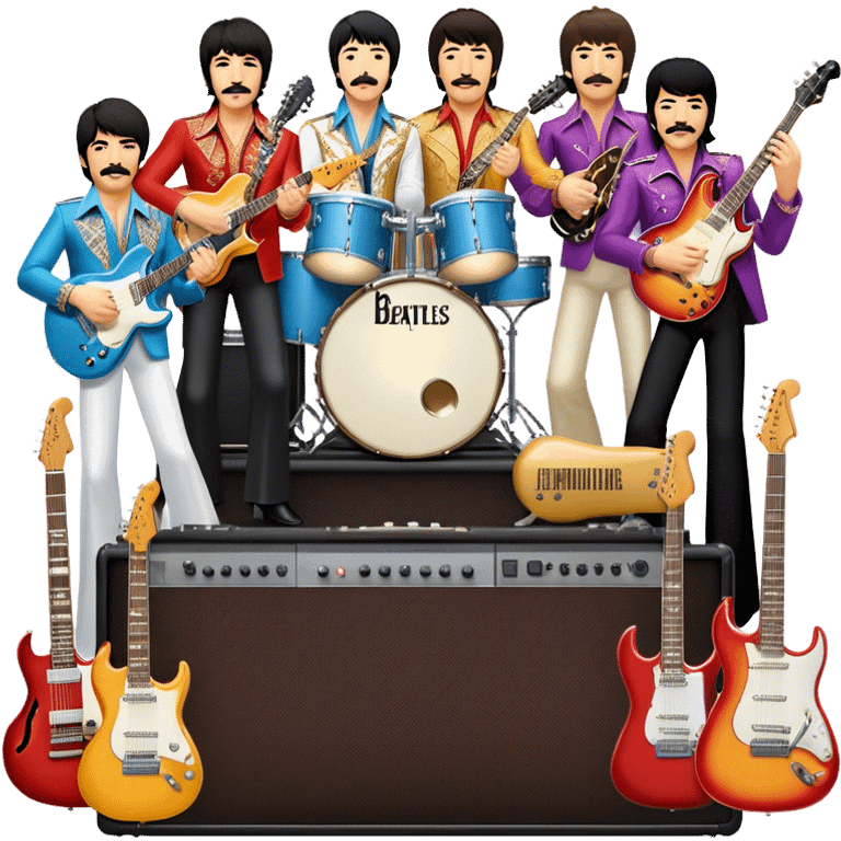 Rock music icon: dynamic collage of global rock legends like The Beatles, Jimi Hendrix, Elvis Presley, Freddy Mercury and Curt Cobane, surrounded by guitars, amplifiers, and stage lights. Symbolizing the energy and power of rock music. Transparent background. emoji