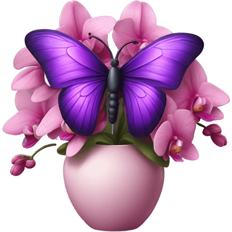 Aesthetic butterfly with purple and pink wings sitting on a dark purple bouquet of Orchids in a pastel pink vase emoji