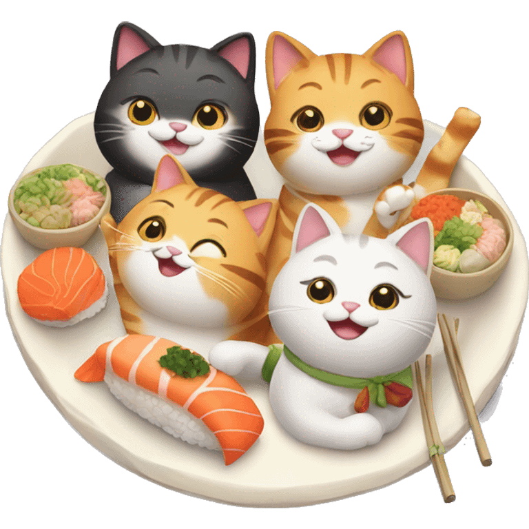 four HAPPY cats having SUSHI DINNER emoji