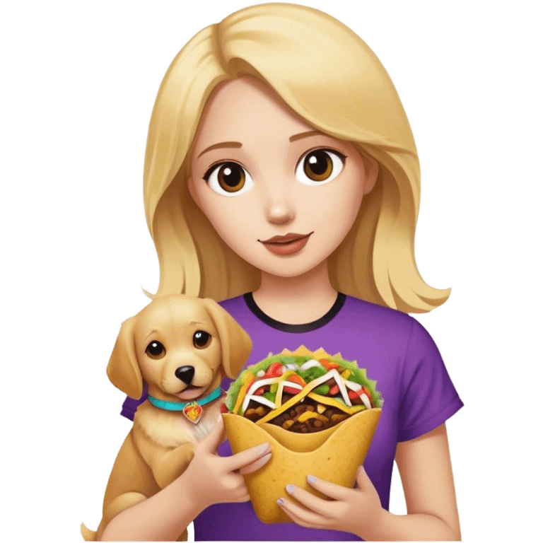 blonde girl with golden retriever holding taco bell emoji