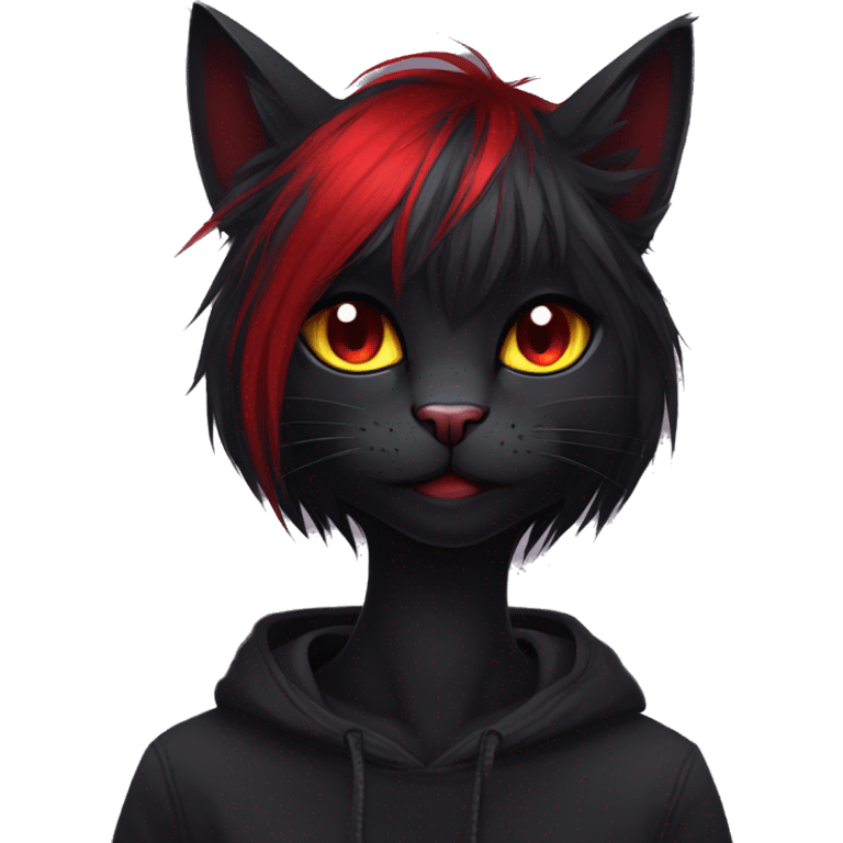 Anthro Edgy Cool Beautiful Black Cat-Fursona with Emo Hair-bangs with Red Streaks emoji