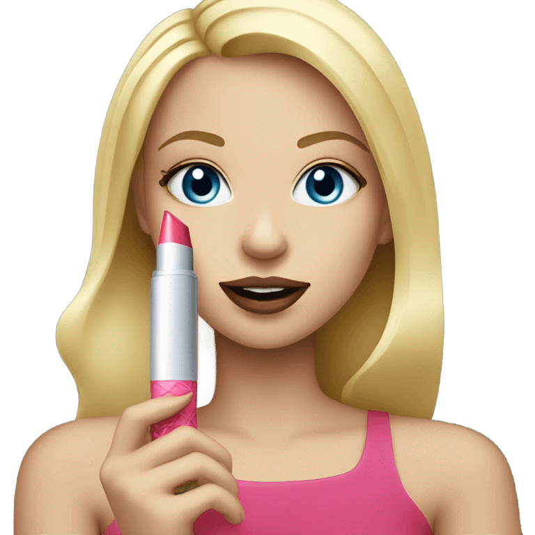 blue-eyed blonde girl holding lipstick emoji