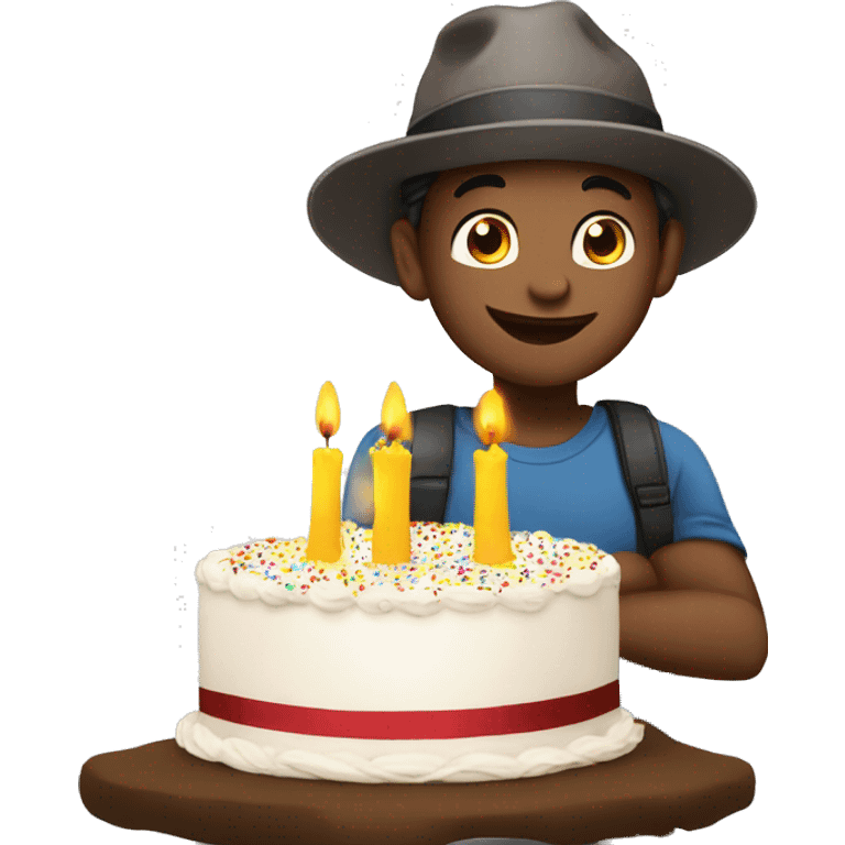 A 10 years boy with hat birthday wishes with cake emoji