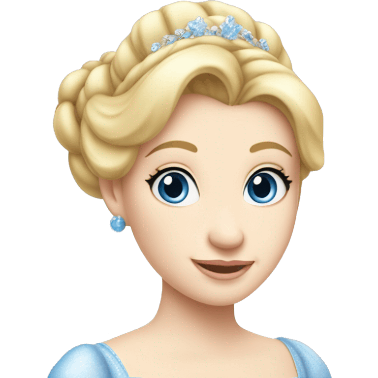 Cinderella with her hair in a bun. Bright blonde hair and pale skin. She has blue eyes. Her cinderella dress sparkling emoji