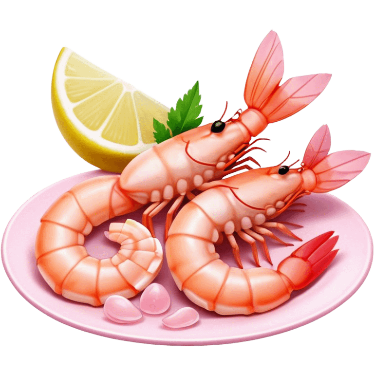 Cinematic glistening shrimp, pink and juicy, slightly curled with a light char, served with lemon wedges, ultra-detailed and fresh, warm glowing background. emoji