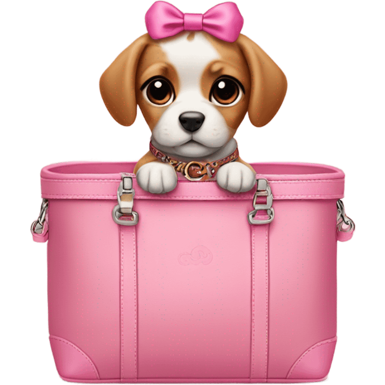 Cute puppy with pink bow on head in Gucci carrier  emoji