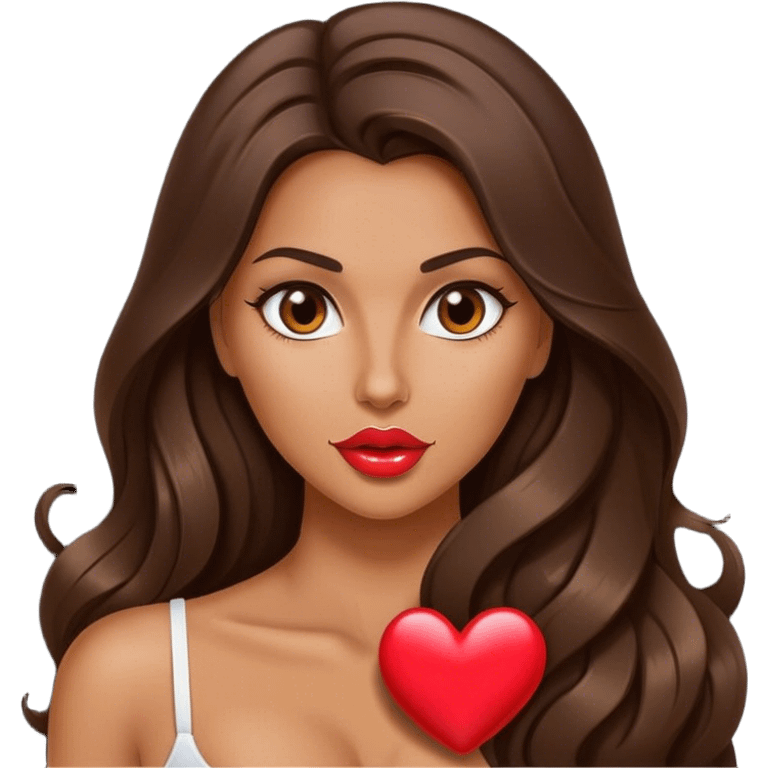 Sexy tanned beautiful girl work with pump lips and brunette straight long hair showing heart emoji