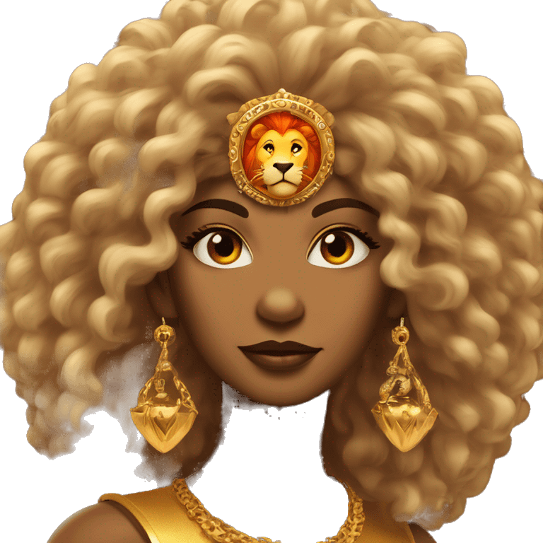 Create an emoji of a confident woman with voluminous lion-like hair, bold makeup, and gold jewelry, embodying the Leo zodiac sign with a regal expression and fiery energy. And a headgear of Leo sign emoji