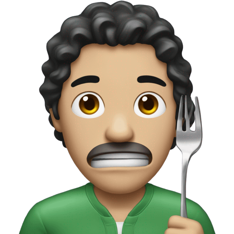 A man in a green jumpsuit that says 230 and the man has black hair but his hair is purple on the top and he is crying with a metal fork in his hand emoji