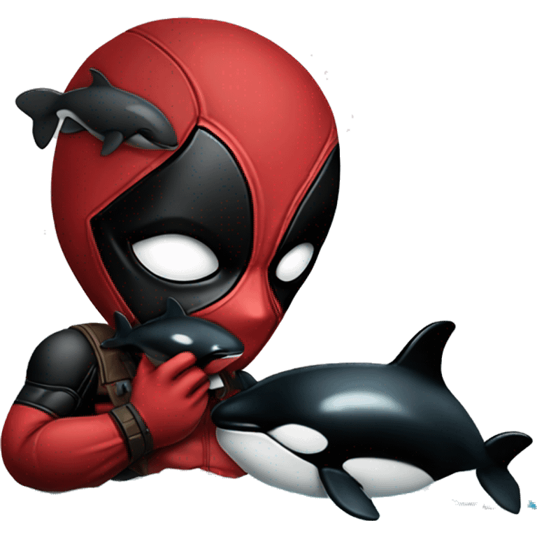 Deadpool holding a baby orca emoji