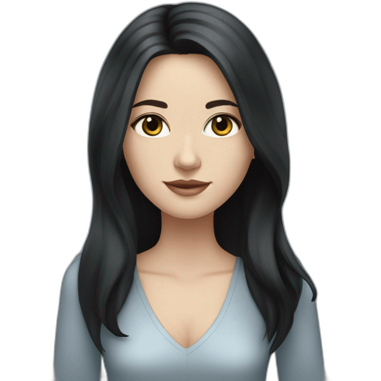 white woman, dark medium-long black hair, full body, blue grey eyes emoji