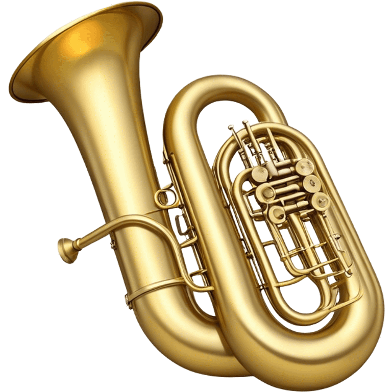 Create a large and bold emoji representing a tuba. The design should feature the tuba’s iconic, large, curved brass body, with its wide bell and tubing wrapping around. Highlight the visible valves and their metal buttons, showcasing the characteristic structure of the instrument. The brass finish should be shiny, with golden tones and subtle reflective light effects to highlight its polished surface. Add soft musical notes or soundwaves emanating from the bell to evoke the deep, resonant sound of the tuba. The background should be transparent. emoji