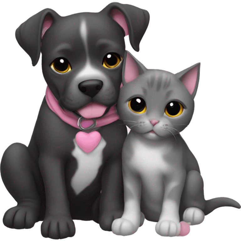 Grey pitbull puppy and black cat cuddling with pink hearts  emoji