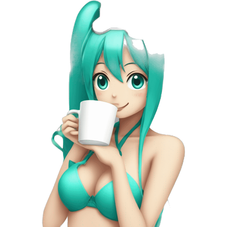 Hatsune miku drinking coffee while wearing a bikini emoji