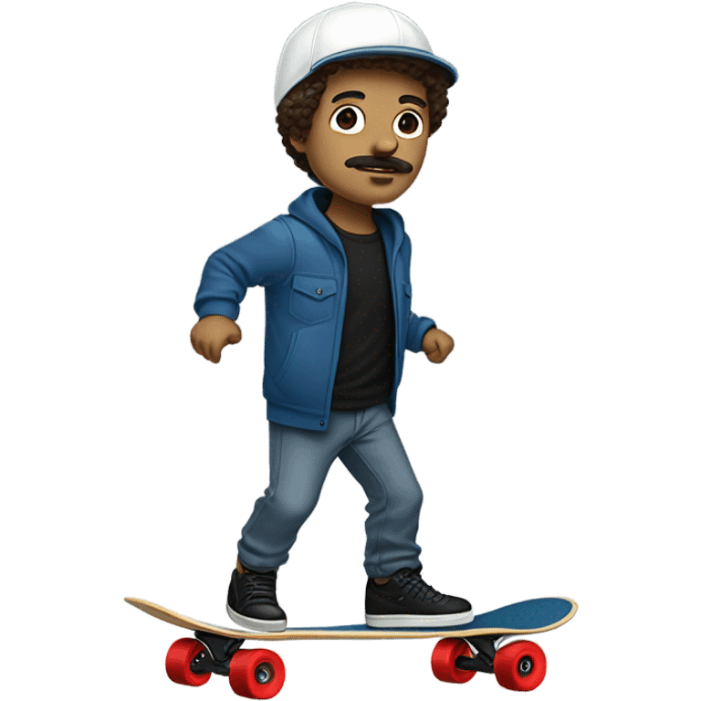 White guy with mustache skateboarding short curly hair with gold sparkly helmet and red wheels black cargo pants and blue sweatshirt and black shoes emoji