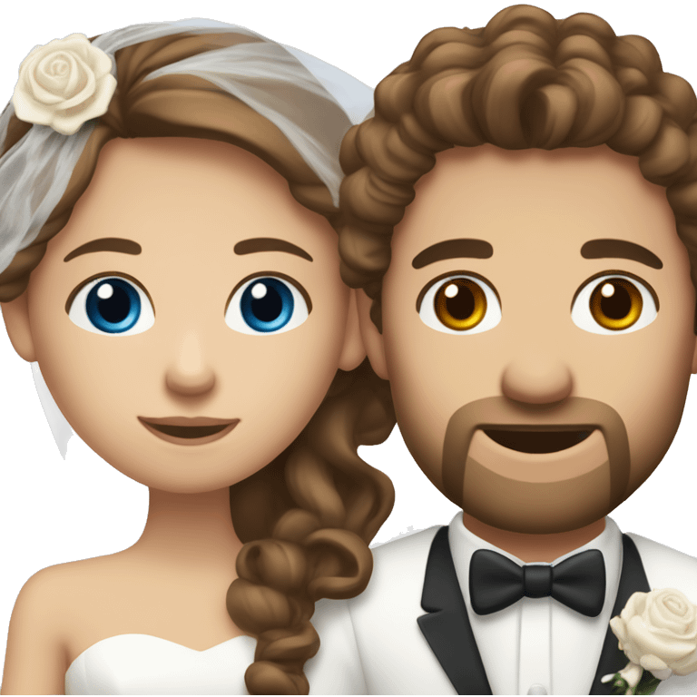 White couple on their wedding day, girl has long brown hair in curls and hazel eyes. Man has short brown hair and blue eyes emoji