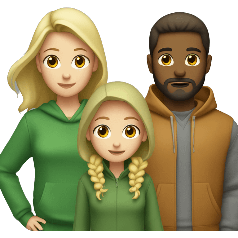 two girls and one guy. one of the girls is a blonde in a green sweater, the other has brown hair and wear gray hoodie, in the middle is a guy with dark hair and a beard emoji